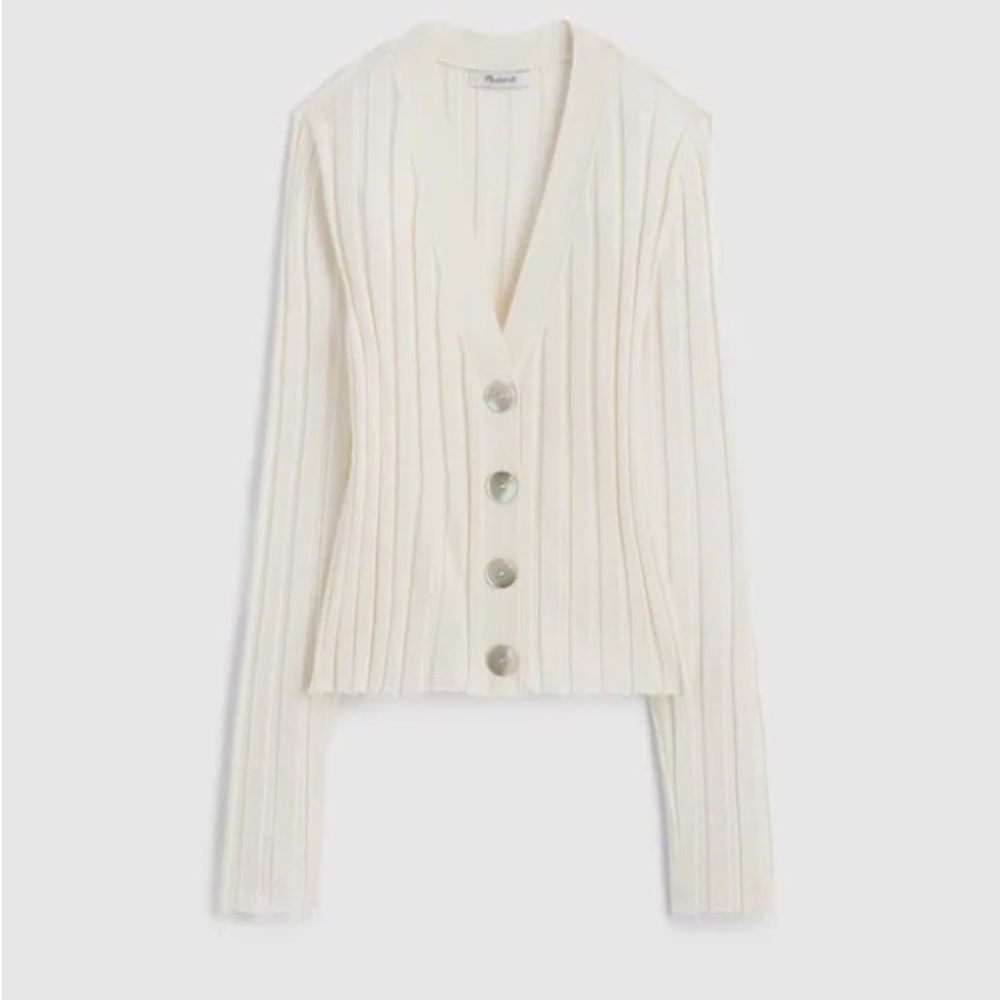 NWT Madewell Cream Ribbed V Neck Button Merino Wool and Cotten Cardigan, XL